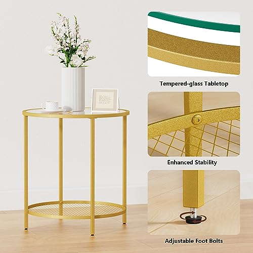 CADANI End Table, Glass Side Table with Open Storage, 2-Tier Gold Accent Table with Sturdy Metal Frame, Modern Round Coffee Table for Living Room, Bedroom, Balcony, Patio