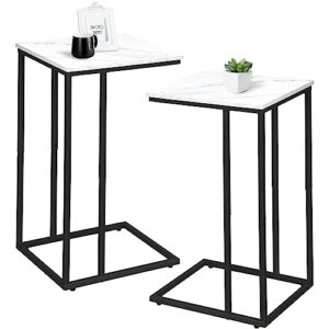 Possile C Shaped Side Table Set of 2, Marble End Table for Sofa and Bed, Couch Table That Slide Under, Snack Side Table for Living Room, Bedroom or Small Spaces, White and Black