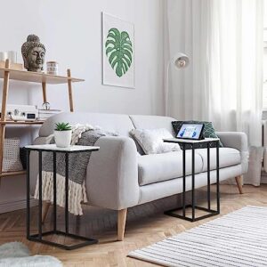 Possile C Shaped Side Table Set of 2, Marble End Table for Sofa and Bed, Couch Table That Slide Under, Snack Side Table for Living Room, Bedroom or Small Spaces, White and Black