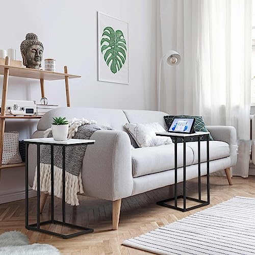 Possile C Shaped Side Table Set of 2, Marble End Table for Sofa and Bed, Couch Table That Slide Under, Snack Side Table for Living Room, Bedroom or Small Spaces, White and Black