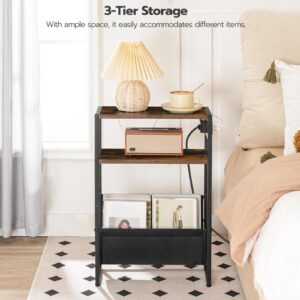 HOOBRO Narrow Side Table, End Table with Charging Station, 3-Tier Nightstand, Bedside Table with 2 Wooden Shelves and Magazine Sling, for Small Space, Living Room, Rustic Brown and Black BF103UBZ01