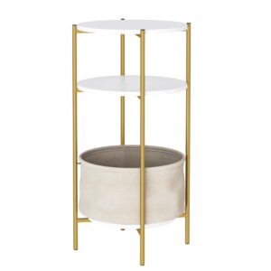 finetones Round End Table, 3-Tier Side Table Accent Table with Detachable Linen Basket and 2 Tier Storage Shelf, Modern Bedside Sofa Coffee Table for Living Room, Bedroom, White/Gold, 1