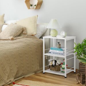 Side Table 3 Tier End Table Small with Wheels Rolling End Side Table with Storage Shelves White Night Stand for Kitchen Bedroom Bathroom Office Living Room