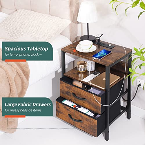 Yoobure Nightstand with Charging Station, Small Night Stand with Fabric Drawers and Storage Shelf for Bedrooms, Small Spaces, Bedside Table with USB Ports & Outlets