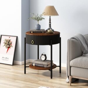 OIOG Modern Side Table with Drawer, Industrial 2 Tier End Table with Shelf, Wood Grain Nightstand with Storage for Living Room, Bedroom, Office, Dorm, Black