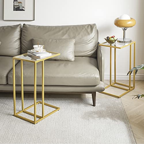 YMYNY C-Shaped End Table, Tempered Glass Sofa Side Table, nightstand for Small Place,Coffee Table for Hallway Office Bedroom Living Room, Metal Frame, Gold, 24.8 * 15.75 * 11.8" UHGD001G