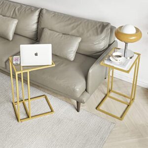 YMYNY C-Shaped End Table, Tempered Glass Sofa Side Table, nightstand for Small Place,Coffee Table for Hallway Office Bedroom Living Room, Metal Frame, Gold, 24.8 * 15.75 * 11.8" UHGD001G