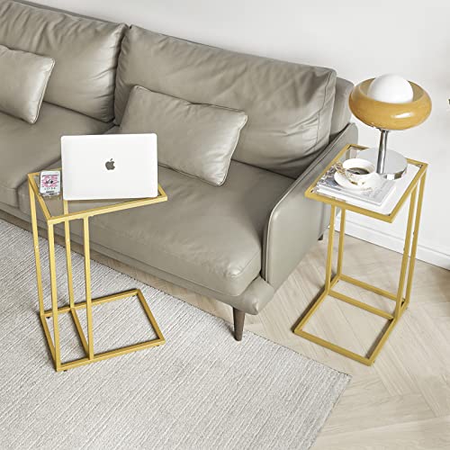 YMYNY C-Shaped End Table, Tempered Glass Sofa Side Table, nightstand for Small Place,Coffee Table for Hallway Office Bedroom Living Room, Metal Frame, Gold, 24.8 * 15.75 * 11.8" UHGD001G