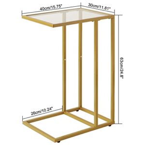 YMYNY C-Shaped End Table, Tempered Glass Sofa Side Table, nightstand for Small Place,Coffee Table for Hallway Office Bedroom Living Room, Metal Frame, Gold, 24.8 * 15.75 * 11.8" UHGD001G