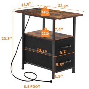 LAKEMID Narrow Side Table Set 2 with LED Light and USB C Port, Night Stand with Charging Station, Skinny End Table with 2 Fabric Drawers, for Bedroom, Living Room, Rustic Brown