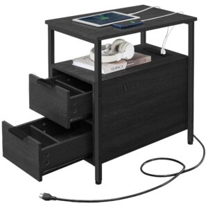 vasagle side table with charging station, narrow end table with 2 drawers, slim nightstand and bedside table with storage, for small spaces, black ulet321b22