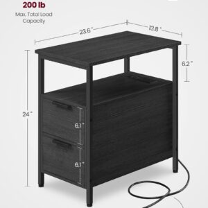 VASAGLE Side Table with Charging Station, Narrow End Table with 2 Drawers, Slim Nightstand and Bedside Table with Storage, for Small Spaces, Black ULET321B22