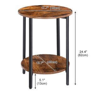 RokiaTek Round Sofa Side End Tables 2-Tier Industrial Bedside Nightsand Tables Steel Frame MDF Top, Easy Assembly for Small Spaces Living Room Bedroom Balcony, Matte Black and Rustic Brown