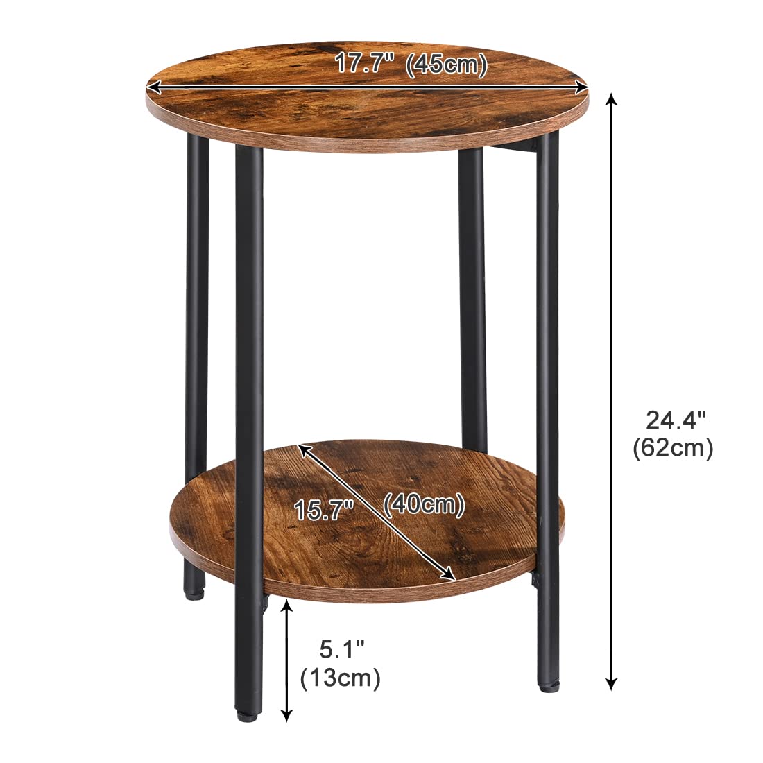 RokiaTek Round Sofa Side End Tables 2-Tier Industrial Bedside Nightsand Tables Steel Frame MDF Top, Easy Assembly for Small Spaces Living Room Bedroom Balcony, Matte Black and Rustic Brown