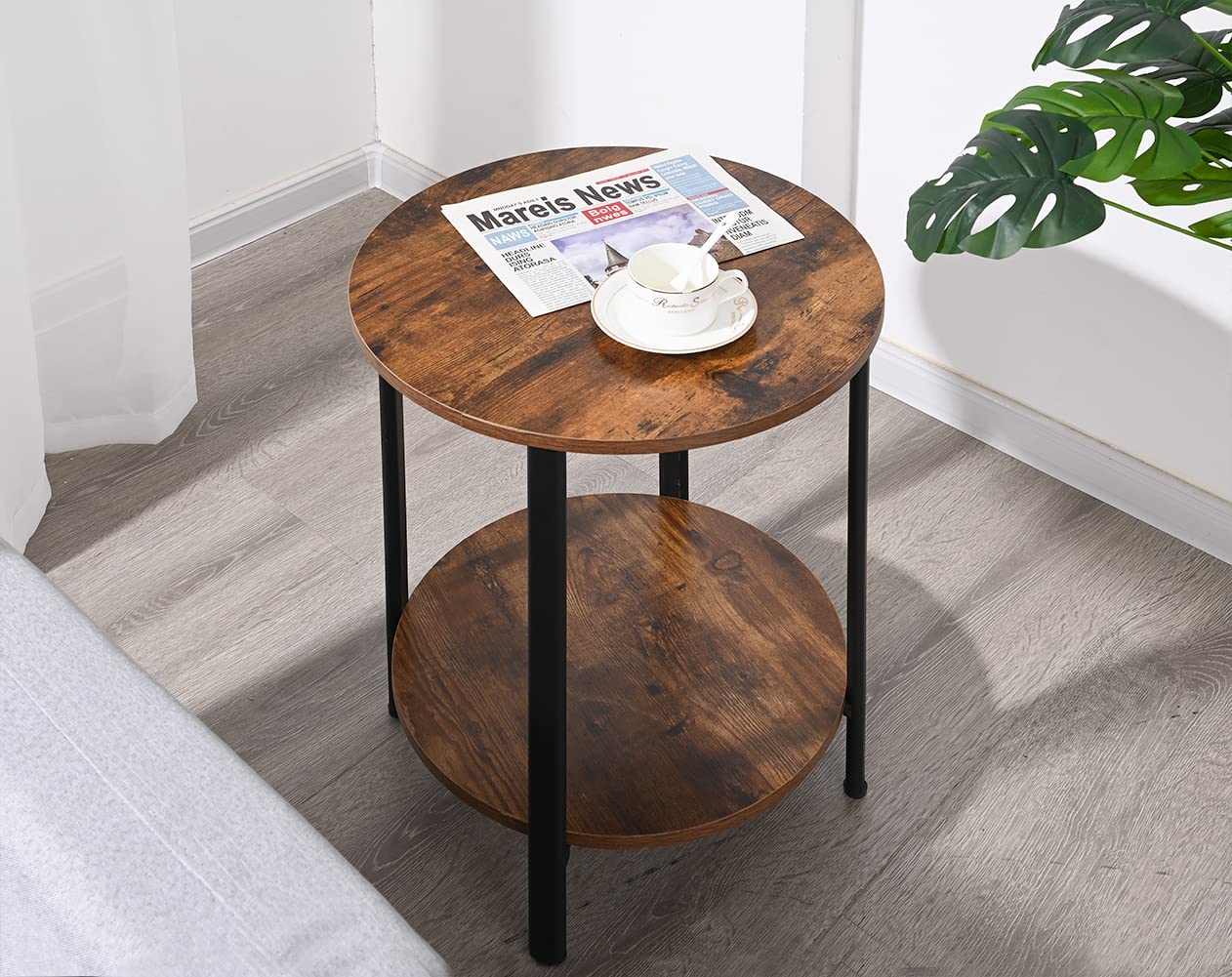 RokiaTek Round Sofa Side End Tables 2-Tier Industrial Bedside Nightsand Tables Steel Frame MDF Top, Easy Assembly for Small Spaces Living Room Bedroom Balcony, Matte Black and Rustic Brown