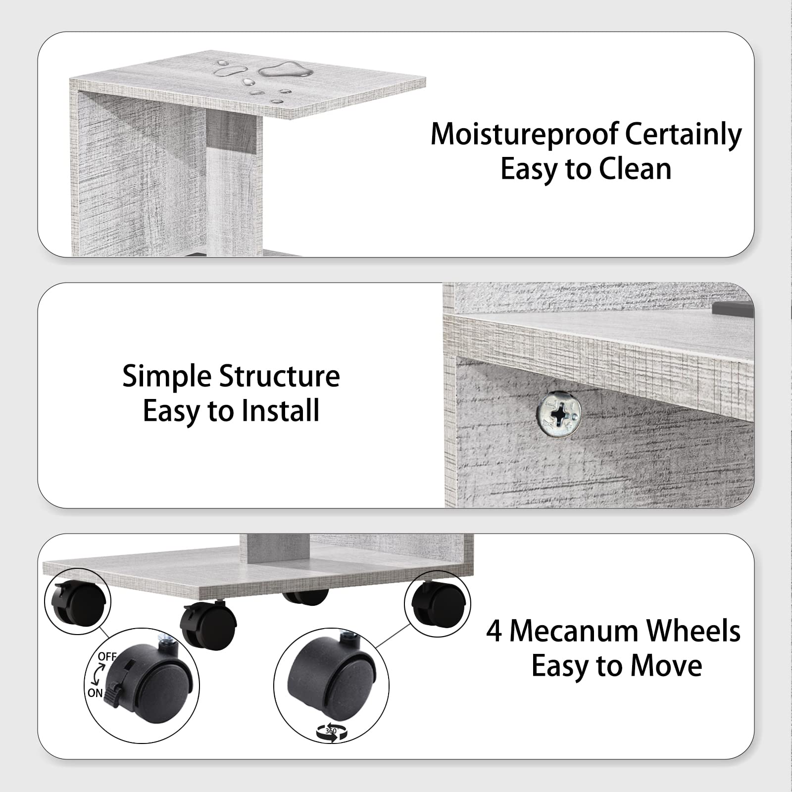 FROMJBEST Nightstand with Charging Station, Narrow End Table Side Table with USB Ports and Outlets for Small Spaces, 3 Tier Nightstand Sofa Bedside Tables with Pulleys for Living Room, Bedroom (Grey)