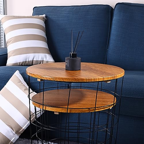 Elevon Wire Basket Base with Wood Tops Side Table Set of 2, Brown