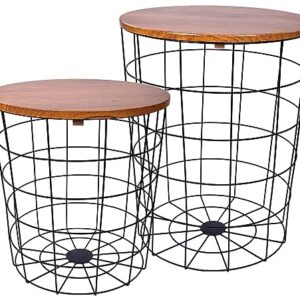 Elevon Wire Basket Base with Wood Tops Side Table Set of 2, Brown