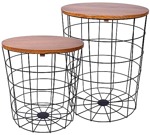 Elevon Wire Basket Base with Wood Tops Side Table Set of 2, Brown