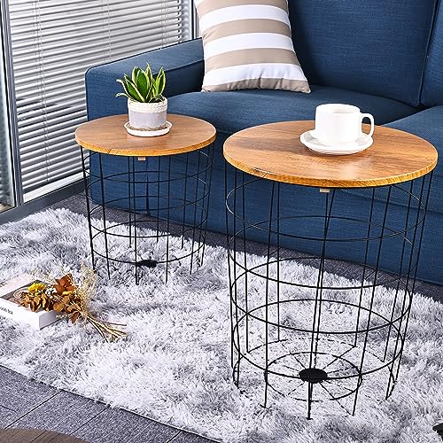 Elevon Wire Basket Base with Wood Tops Side Table Set of 2, Brown