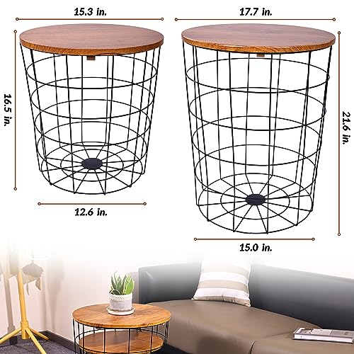 Elevon Wire Basket Base with Wood Tops Side Table Set of 2, Brown