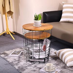 Elevon Wire Basket Base with Wood Tops Side Table Set of 2, Brown