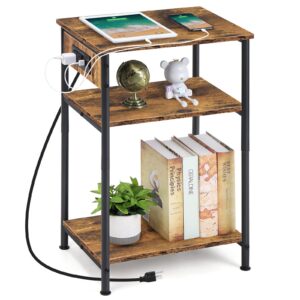 MOOACE Nightstand with Charging Station, 3 Tier End Table with Storage Shelf, Narrow Side Table with USB Ports & Outlets, for Small Space in Living Room, Bedroom and Balcony, Rustic Brown