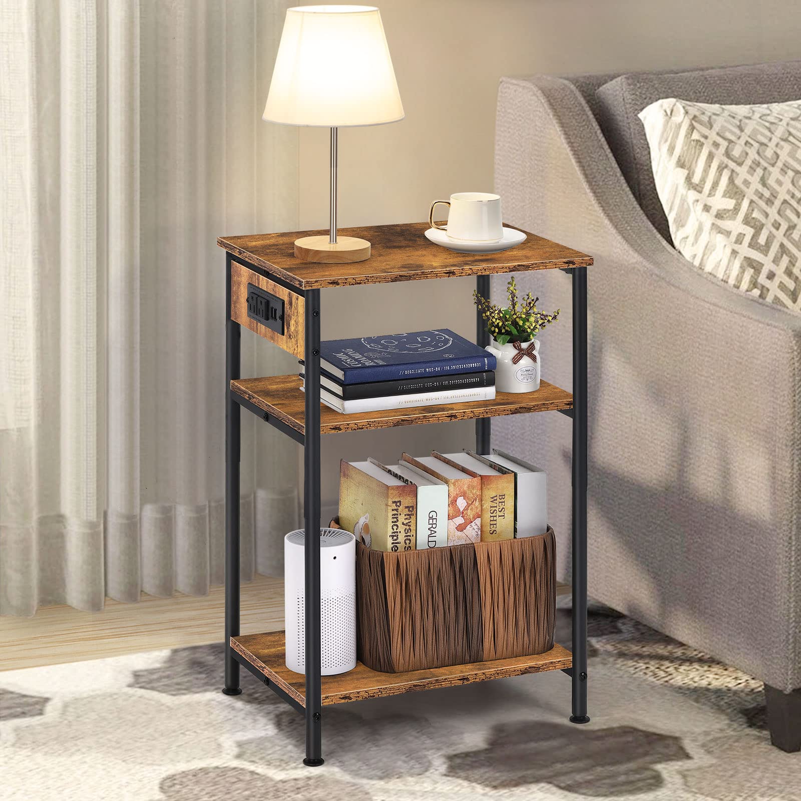 MOOACE Nightstand with Charging Station, 3 Tier End Table with Storage Shelf, Narrow Side Table with USB Ports & Outlets, for Small Space in Living Room, Bedroom and Balcony, Rustic Brown