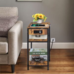 MOOACE Nightstand with Charging Station, 3 Tier End Table with Storage Shelf, Narrow Side Table with USB Ports & Outlets, for Small Space in Living Room, Bedroom and Balcony, Rustic Brown