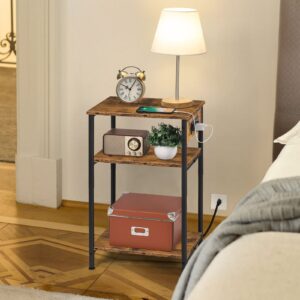 MOOACE Nightstand with Charging Station, 3 Tier End Table with Storage Shelf, Narrow Side Table with USB Ports & Outlets, for Small Space in Living Room, Bedroom and Balcony, Rustic Brown