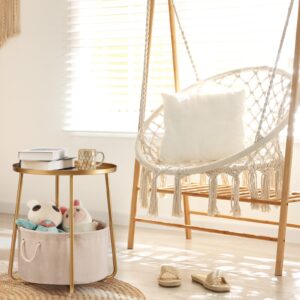 danpinera Gold Side Table, Small Round Side Table with Fabric Storage Basket, Metal Side Table for Nursery, Living Room, Bedroom, Bathroom