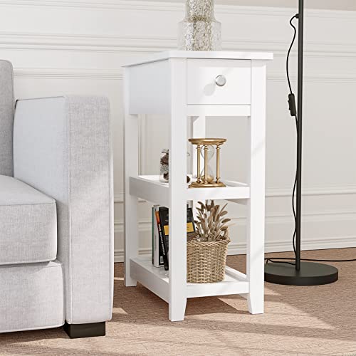 SEJOV End Table, 3-Tier White Nightstand with Drawer and 2 Shelves, Wood Look Accent Narrow Side Tables Living Room Bed Room Office, White