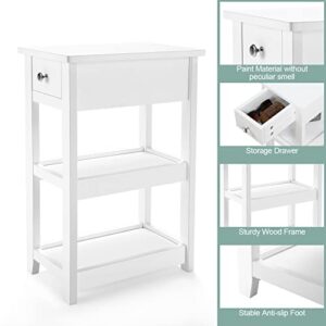 SEJOV End Table, 3-Tier White Nightstand with Drawer and 2 Shelves, Wood Look Accent Narrow Side Tables Living Room Bed Room Office, White