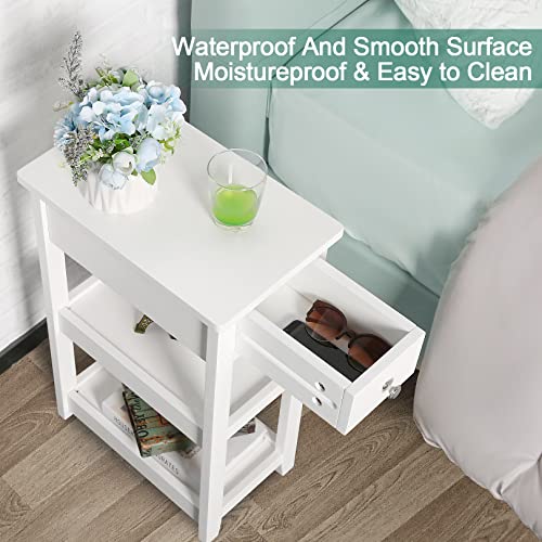 SEJOV End Table, 3-Tier White Nightstand with Drawer and 2 Shelves, Wood Look Accent Narrow Side Tables Living Room Bed Room Office, White