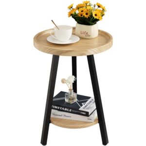 Hadulcet Accent Table, Small Round Side Table Round Nightstand for Small Space, Wooden Shelves & Metal Legs, Natural Wood Color