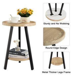 Hadulcet Accent Table, Small Round Side Table Round Nightstand for Small Space, Wooden Shelves & Metal Legs, Natural Wood Color