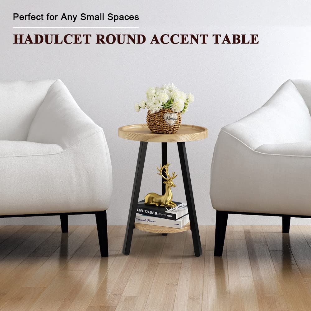 Hadulcet Accent Table, Small Round Side Table Round Nightstand for Small Space, Wooden Shelves & Metal Legs, Natural Wood Color