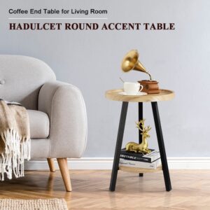 Hadulcet Accent Table, Small Round Side Table Round Nightstand for Small Space, Wooden Shelves & Metal Legs, Natural Wood Color