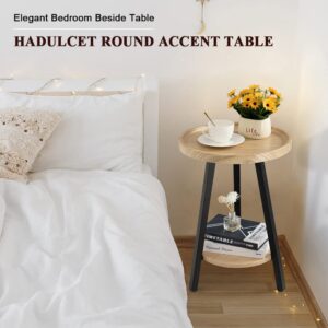 Hadulcet Accent Table, Small Round Side Table Round Nightstand for Small Space, Wooden Shelves & Metal Legs, Natural Wood Color