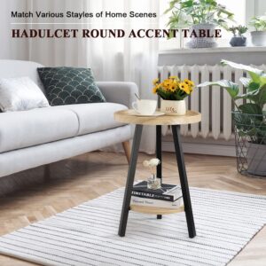 Hadulcet Accent Table, Small Round Side Table Round Nightstand for Small Space, Wooden Shelves & Metal Legs, Natural Wood Color