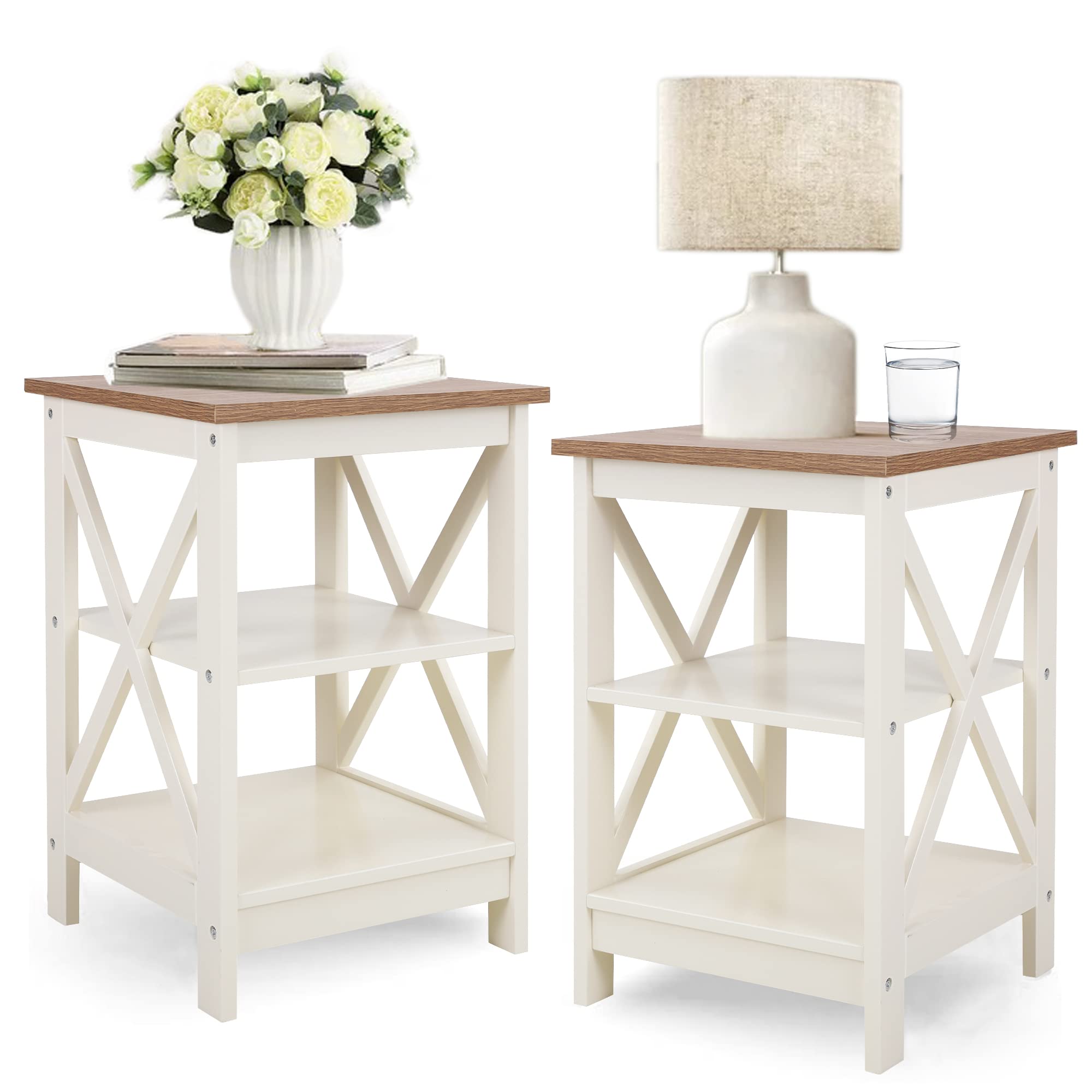 PHI VILLA End Table Living Room Set of 2 - Farmhouse Bed Side Table Nightstands for Bedroom, Ivory White Small Side Table