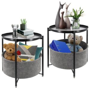 qeweeq nightstand set of 2, round end tables with fabric storage basket, metal side table small bedside table with removable tray top for living room, bedroom, nursery, laundry, black