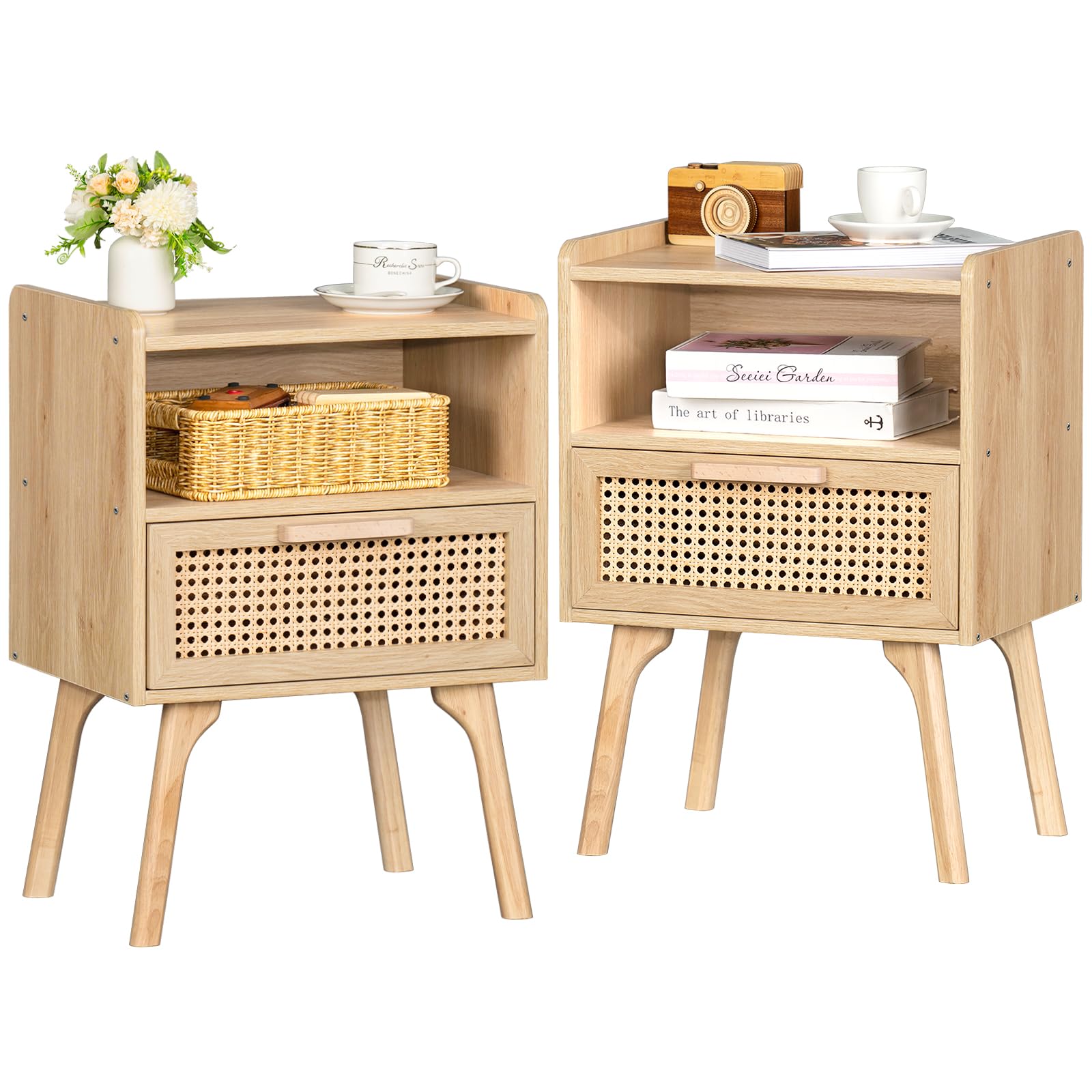 Lerliuo Rattan Nightstands Set of 2, Boho Side Table with Drawer Open Shelf, Cane Accent Bedside End Table with Solid Wood Legs for Bedroom, Dorm and Small Spaces (Natural)