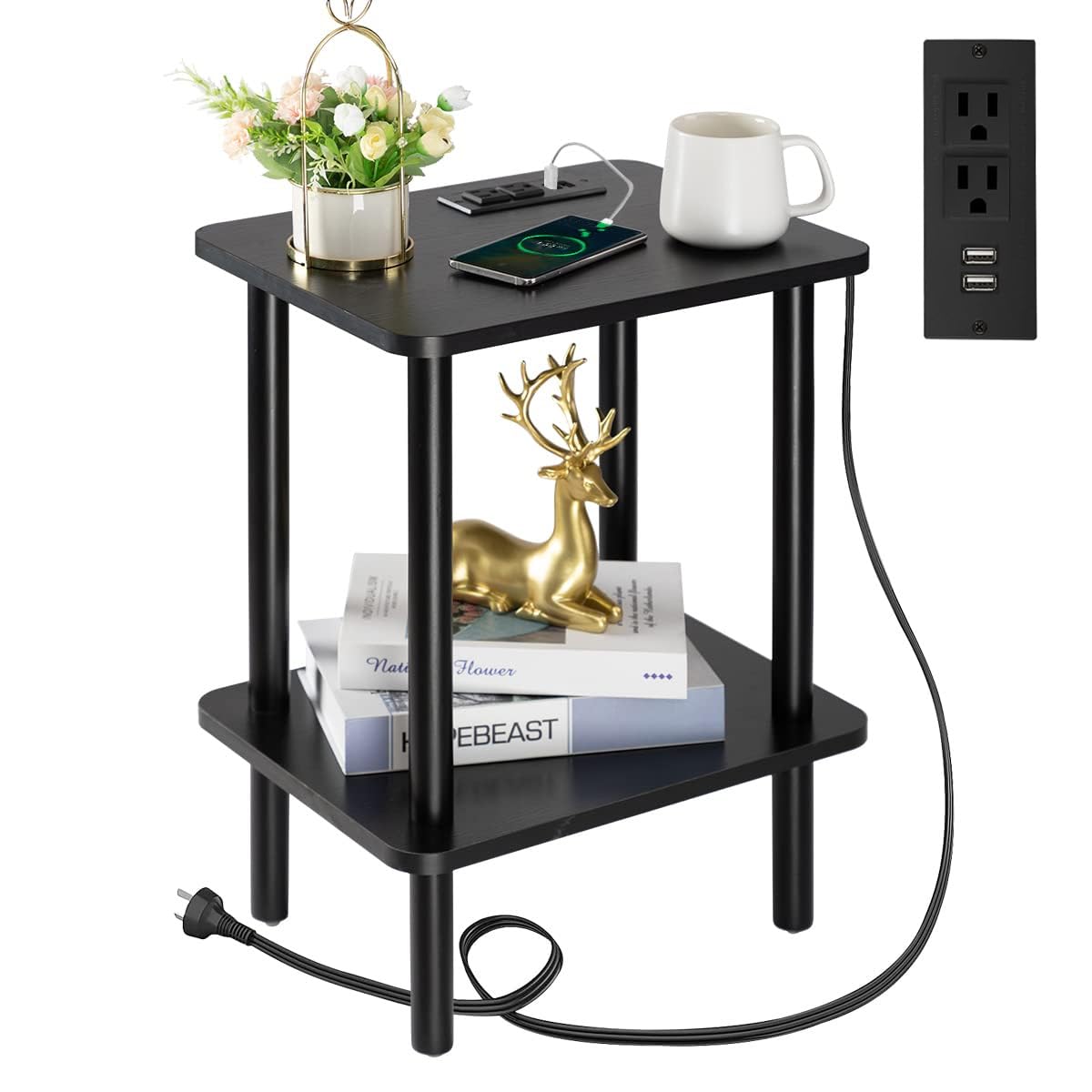 FORAOFUR End Table with Charging Station, Black Side Table with USB Ports and Outlets, Small Side Table Narrow Side Table for Living Room, Bedroom and Office, Small Nightstand with Charging Station