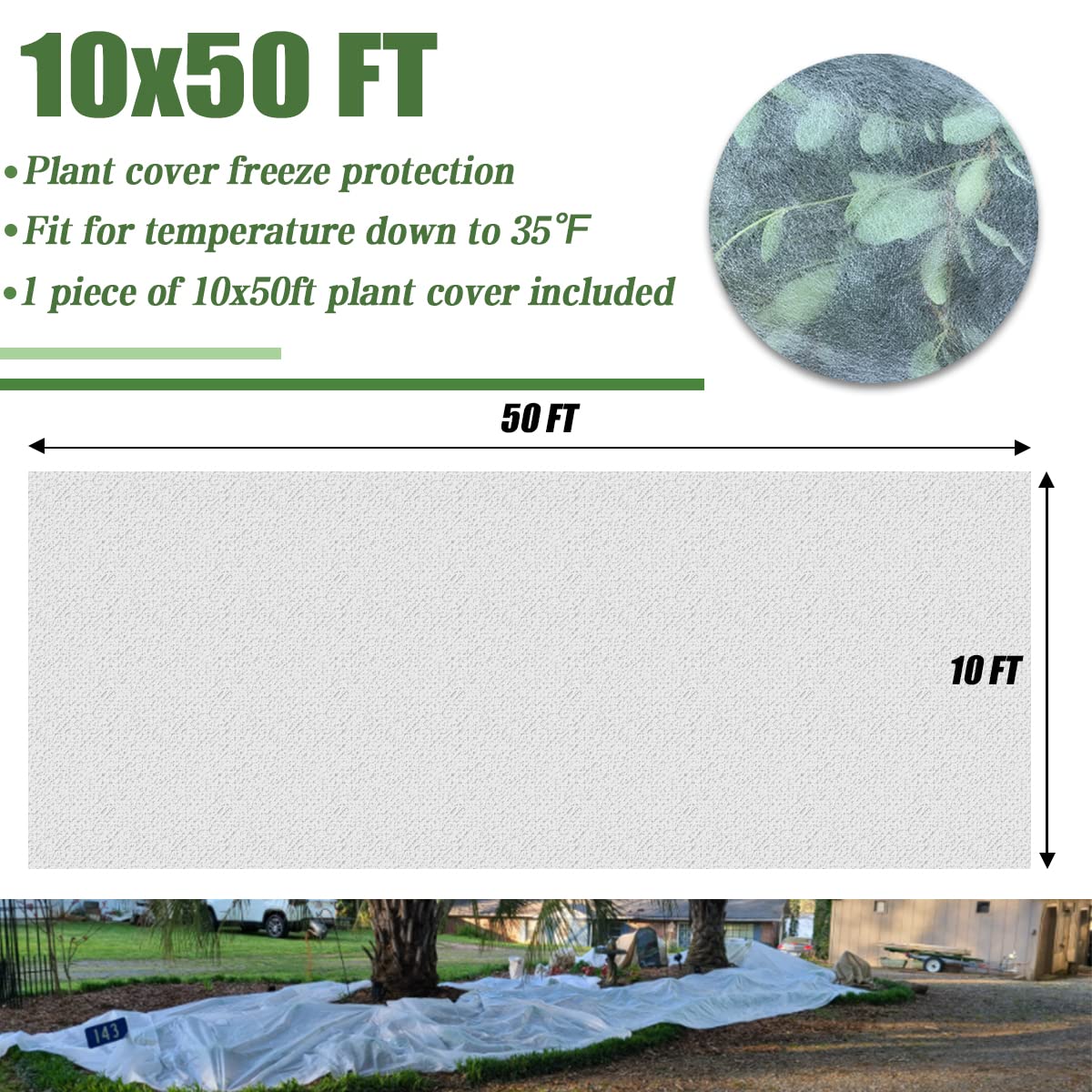 HORTIFAN Plant Covers Freeze Protection, 10FT x 50FT 0.9oz Reusable Floating Row Cover Plant Blankets Frost Cloth for Clod Winter Frost Sun Pest Protection