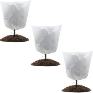 growneer 3 packs plant covers freeze protection 1.77 oz/yd², 39 x 39 inches frost cloth with drawstring, shrub jacket winter tree cover for cold frost freeze bird insect prevention, white