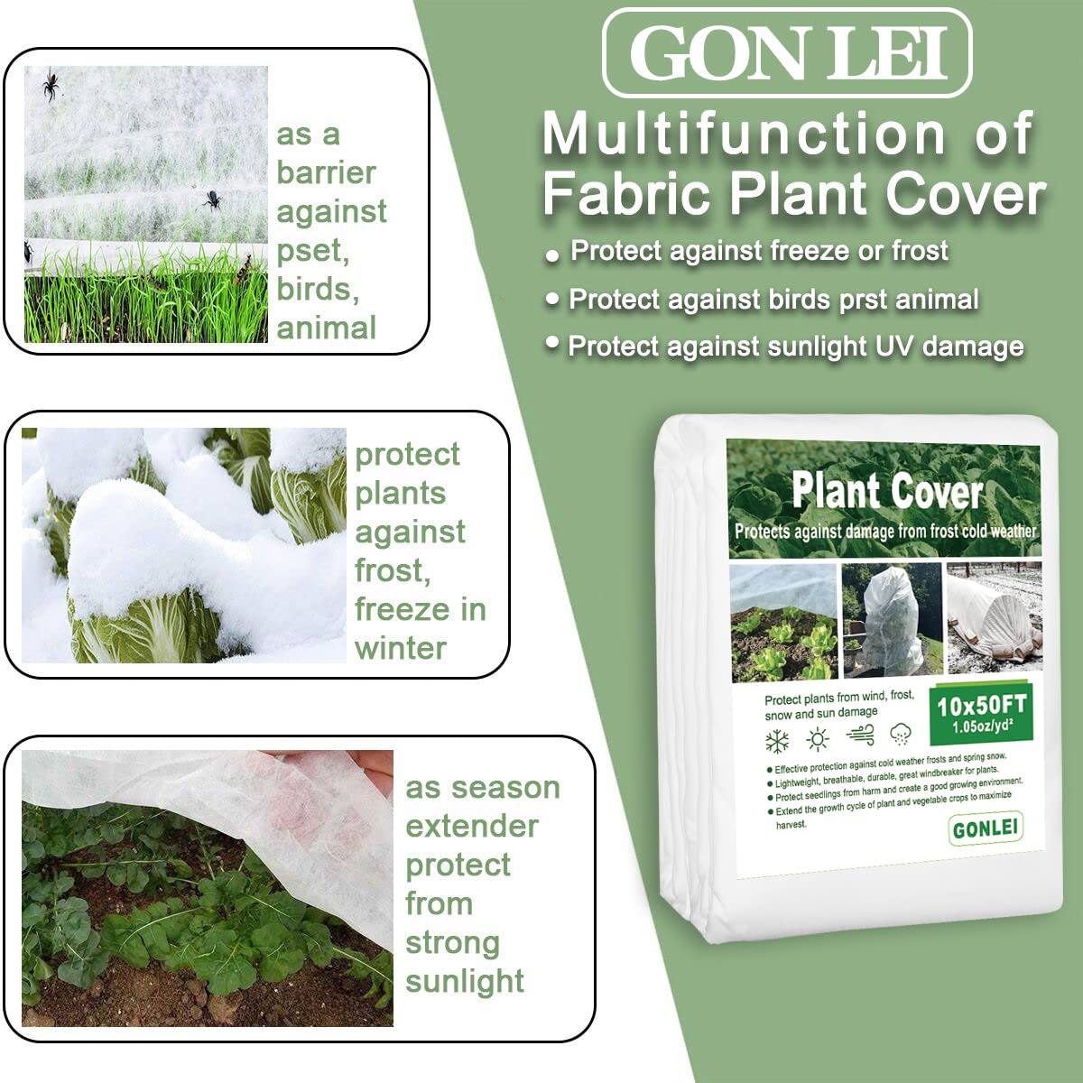 GonLei 2Pack 10X25 FT+1Pack 10X50FT Plant Covers Freeze Protection