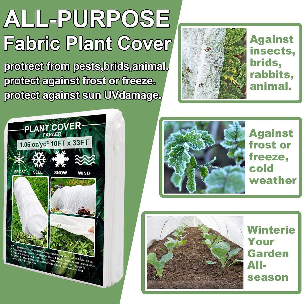 Plant Covers Freeze Protection, 10ft×33ft Reusable Rectangle Frost Protection Floating Row Cover Plant Blanket Garden Winterize Cover for Cold Weather Snow