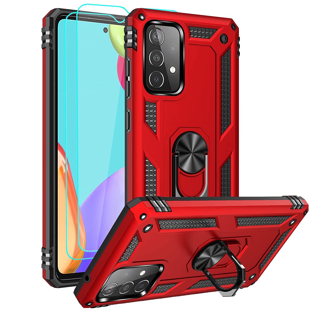 for Samsung A52 Case, Galaxy A52 Case with HD Screen Protector, Military-Grade Ring Holder Kickstand Car Mount 15ft Drop Tested Shockproof Cover Phone Case for Samsung Galaxy A52, Red