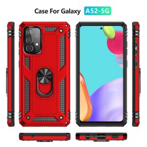 for Samsung A52 Case, Galaxy A52 Case with HD Screen Protector, Military-Grade Ring Holder Kickstand Car Mount 15ft Drop Tested Shockproof Cover Phone Case for Samsung Galaxy A52, Red